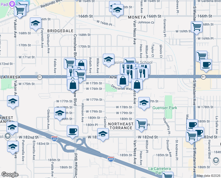 map of restaurants, bars, coffee shops, grocery stores, and more near 2500 Descanso Way in Torrance