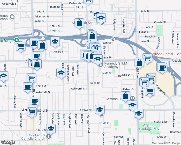 map of restaurants, bars, coffee shops, grocery stores, and more near 17533 Norwalk Boulevard in Artesia