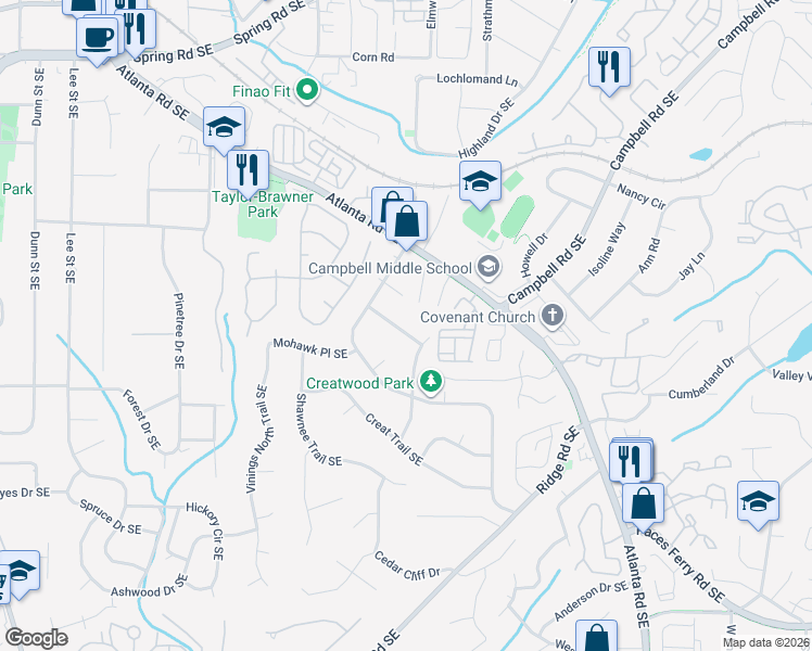 map of restaurants, bars, coffee shops, grocery stores, and more near 1805 Mackinaw Place Southeast in Smyrna