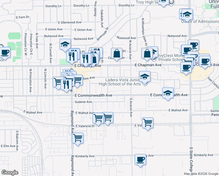 map of restaurants, bars, coffee shops, grocery stores, and more near 118 North Annin Avenue in Fullerton