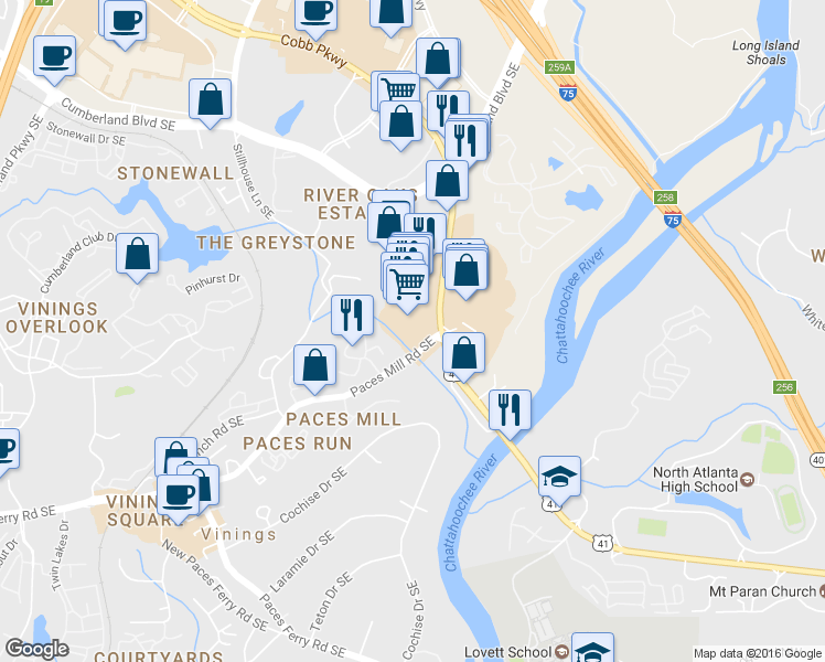 map of restaurants, bars, coffee shops, grocery stores, and more near 3324 Cobb Parkway Southeast in Atlanta