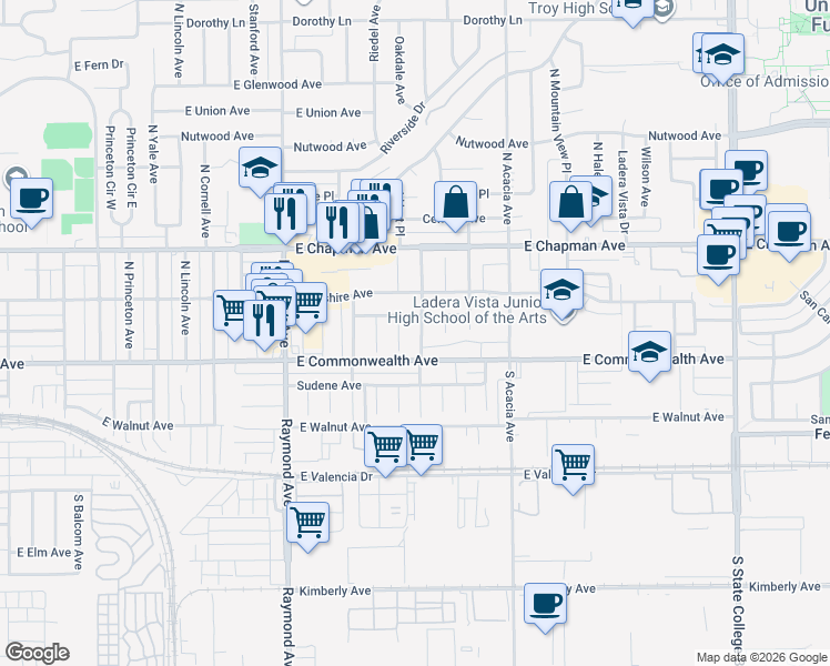 map of restaurants, bars, coffee shops, grocery stores, and more near 119 North Annin Avenue in Fullerton