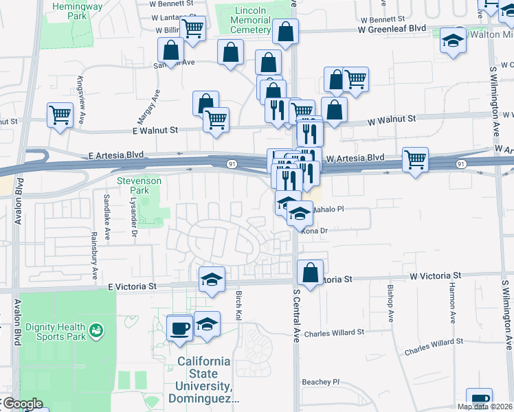 map of restaurants, bars, coffee shops, grocery stores, and more near 1217 East Radbard Street in Carson