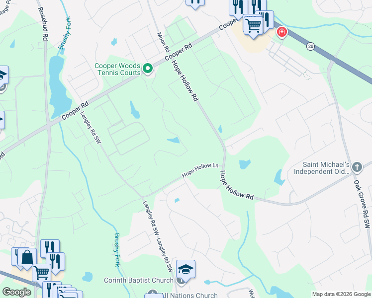 map of restaurants, bars, coffee shops, grocery stores, and more near 2985 Cooper Woods Dr in Loganville