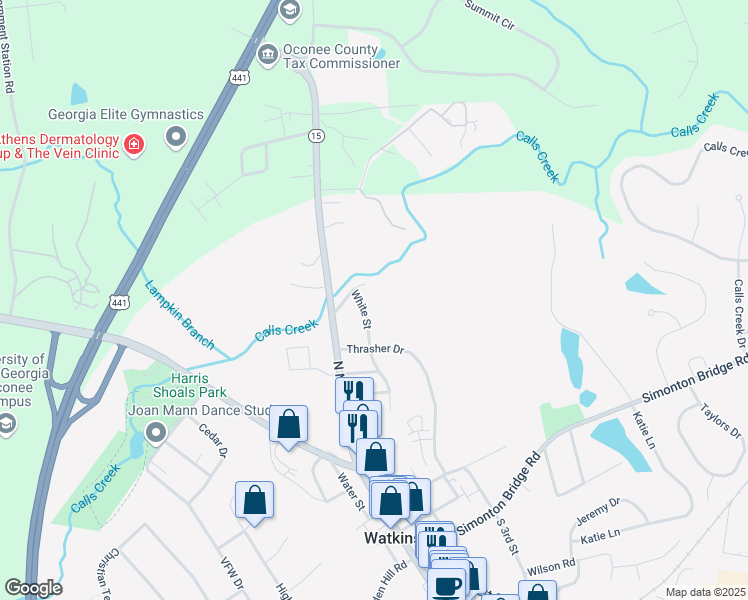 map of restaurants, bars, coffee shops, grocery stores, and more near 120 White Street in Watkinsville