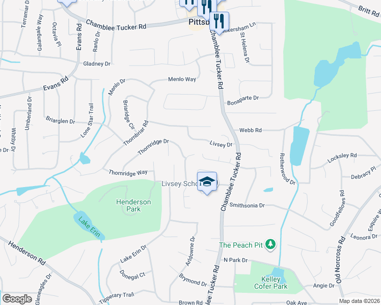 map of restaurants, bars, coffee shops, grocery stores, and more near 2870 Livsey Trail in Tucker