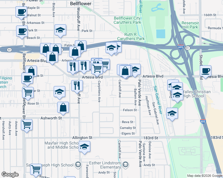 map of restaurants, bars, coffee shops, grocery stores, and more near 17611 Regency Circle in Bellflower