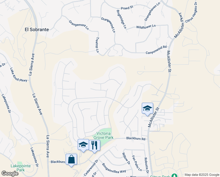 map of restaurants, bars, coffee shops, grocery stores, and more near 17086 Raindrop Court in Riverside