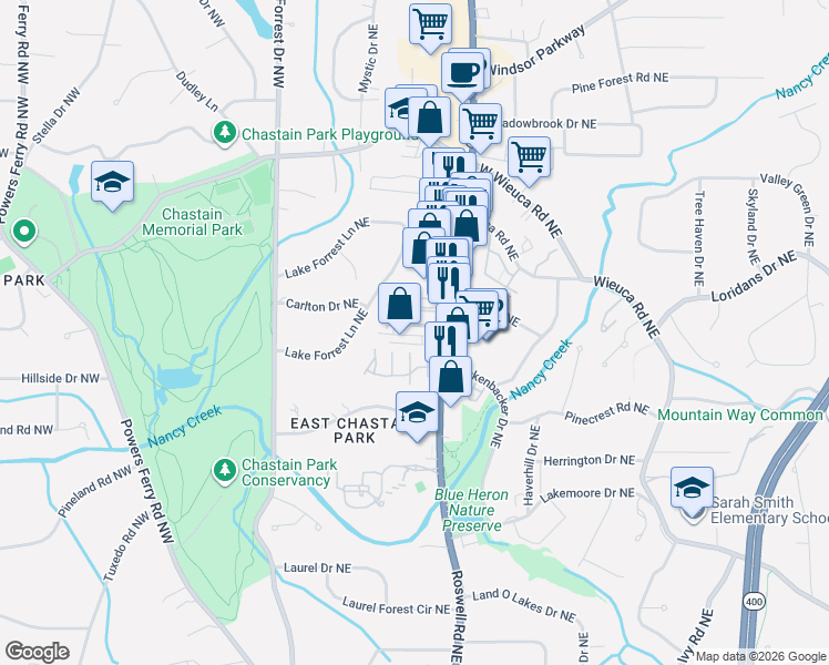 map of restaurants, bars, coffee shops, grocery stores, and more near 4266 Roswell Road Northeast in Atlanta