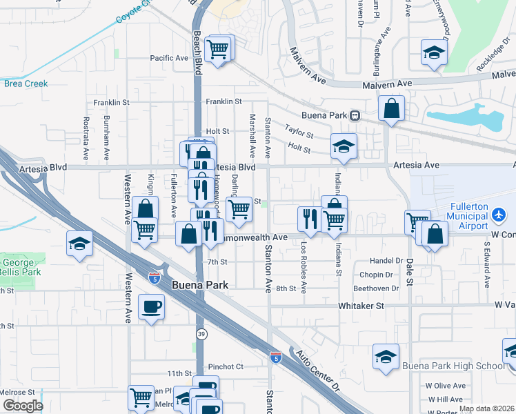 map of restaurants, bars, coffee shops, grocery stores, and more near 6132 Marshall Avenue in Buena Park