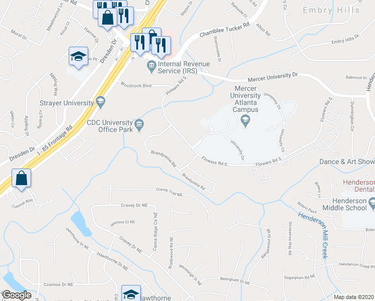 map of restaurants, bars, coffee shops, grocery stores, and more near 2951 Flowers Road South in Atlanta