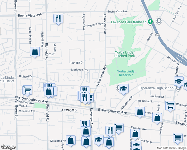 map of restaurants, bars, coffee shops, grocery stores, and more near 206 Bay Meadows Drive in Placentia