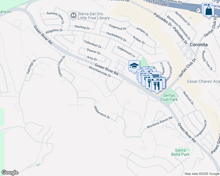 map of restaurants, bars, coffee shops, grocery stores, and more near 1227 Goldenview Drive in Corona