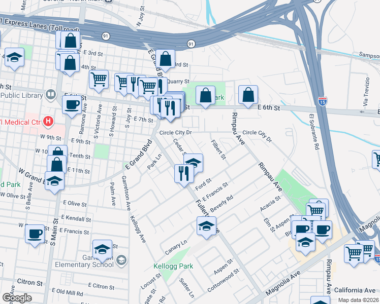 map of restaurants, bars, coffee shops, grocery stores, and more near 929 Cedar Street in Corona