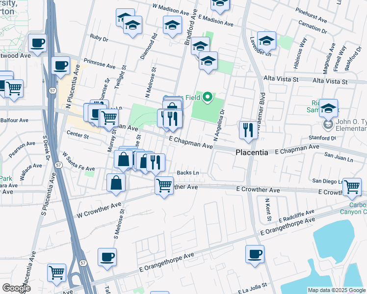 map of restaurants, bars, coffee shops, grocery stores, and more near 200 East Chapman Avenue in Placentia