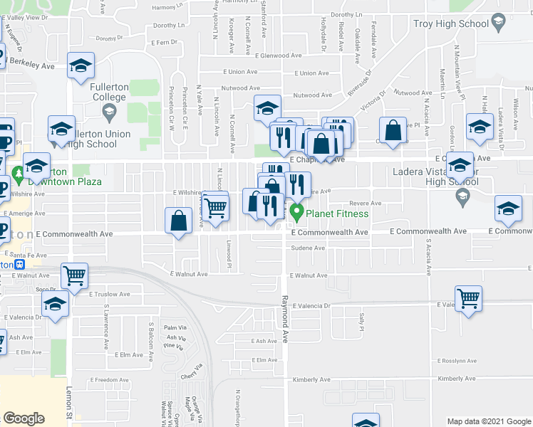 map of restaurants, bars, coffee shops, grocery stores, and more near 143 Raymond Avenue in Fullerton