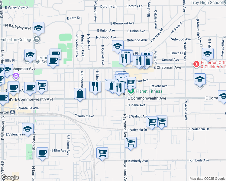 map of restaurants, bars, coffee shops, grocery stores, and more near 128 North Cornell Avenue in Fullerton