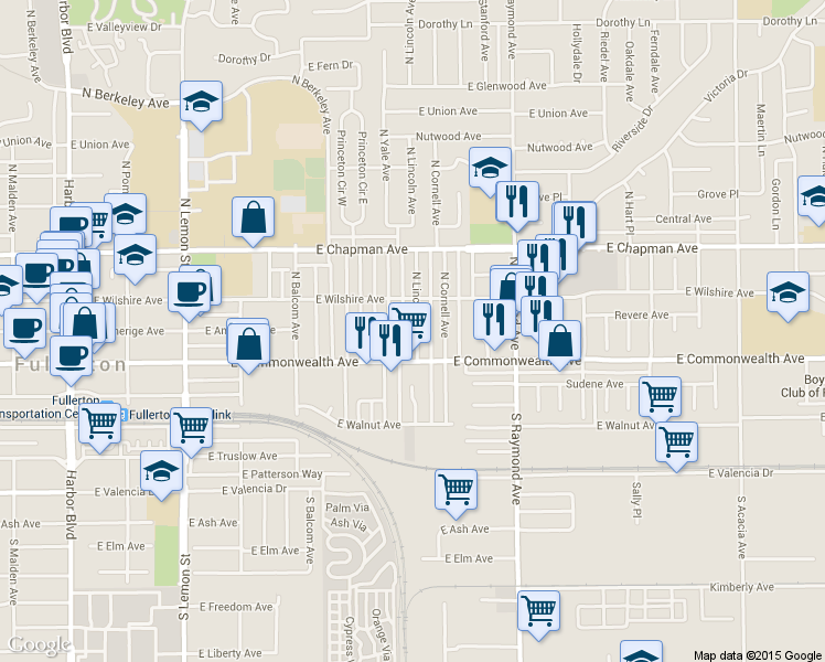 map of restaurants, bars, coffee shops, grocery stores, and more near 128 North Lincoln Avenue in Fullerton
