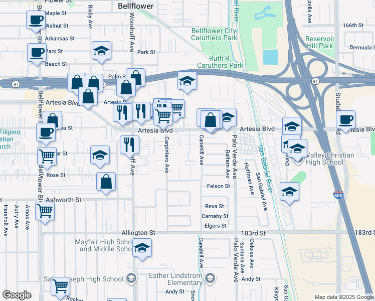 map of restaurants, bars, coffee shops, grocery stores, and more near 17638 Windward Terrace in Bellflower