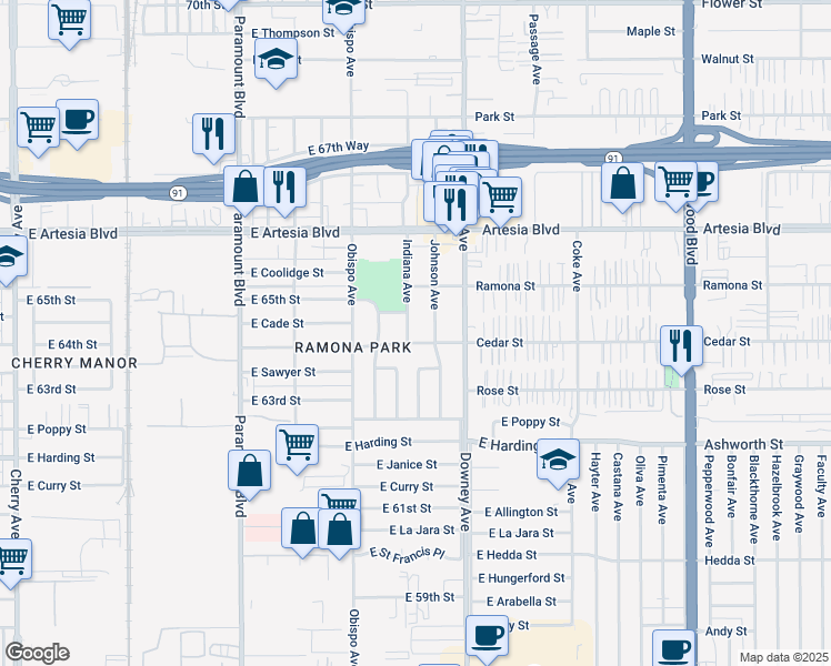 map of restaurants, bars, coffee shops, grocery stores, and more near 6420 Indiana Avenue in Long Beach