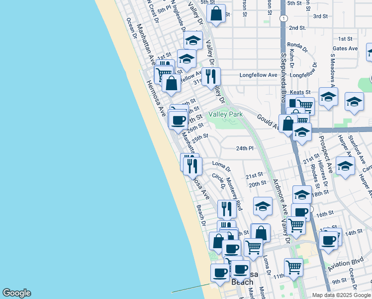 map of restaurants, bars, coffee shops, grocery stores, and more near 2457 Manhattan Avenue in Hermosa Beach