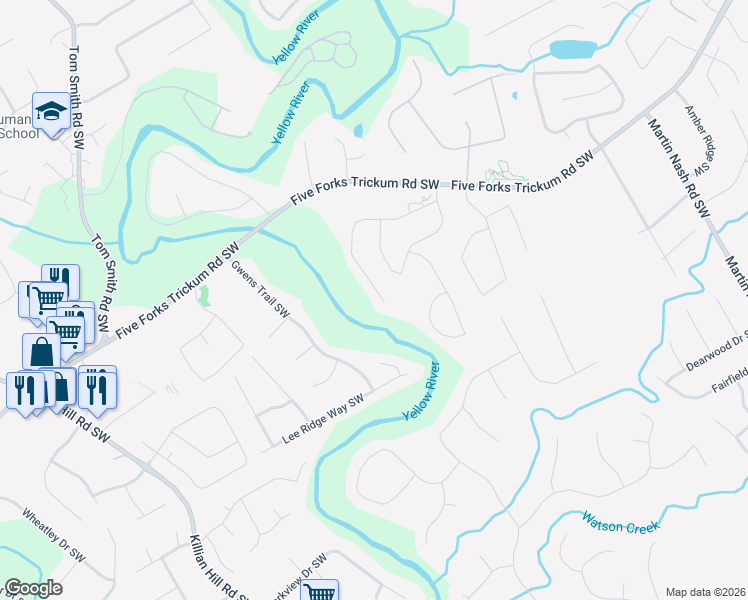 map of restaurants, bars, coffee shops, grocery stores, and more near 3841 Terrasol Trail Southwest in Lilburn