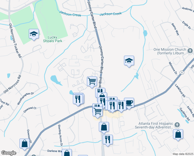 map of restaurants, bars, coffee shops, grocery stores, and more near 398 Pine Hill Place in Norcross