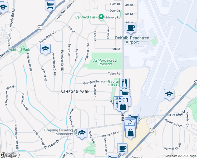 map of restaurants, bars, coffee shops, grocery stores, and more near 1836 Georgian Terrace in Atlanta