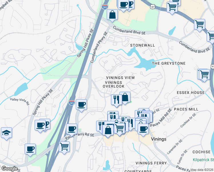 map of restaurants, bars, coffee shops, grocery stores, and more near 3353 Cumberland Club Drive in Atlanta