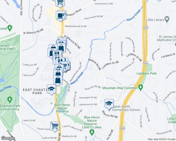 map of restaurants, bars, coffee shops, grocery stores, and more near 4250 Wieuca Overlook Northeast in Atlanta