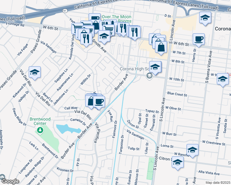 map of restaurants, bars, coffee shops, grocery stores, and more near 1111 Border Avenue in Corona