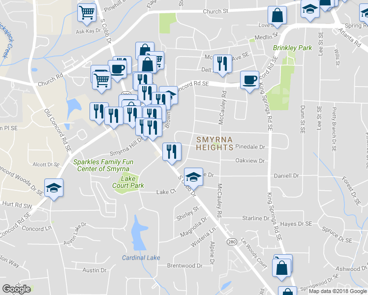 map of restaurants, bars, coffee shops, grocery stores, and more near 956 Sharon Circle Southeast in Smyrna