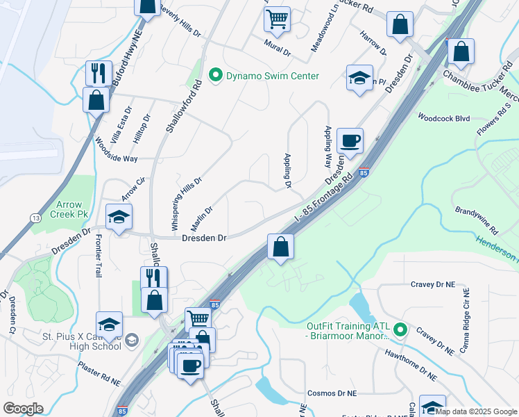 map of restaurants, bars, coffee shops, grocery stores, and more near 2866 Dresden Square Drive in Atlanta