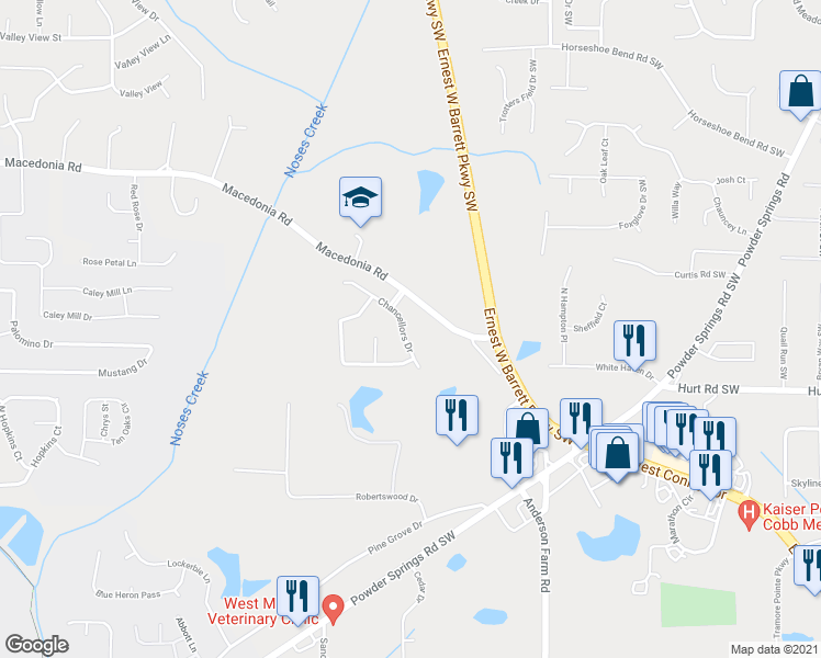 map of restaurants, bars, coffee shops, grocery stores, and more near 3428 Chancellors Drive in Powder Springs