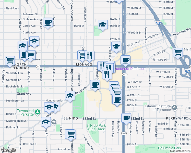 map of restaurants, bars, coffee shops, grocery stores, and more near 1904 Firmona Avenue in Redondo Beach
