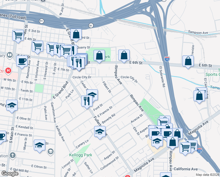 map of restaurants, bars, coffee shops, grocery stores, and more near 847 Filbert Street in Corona
