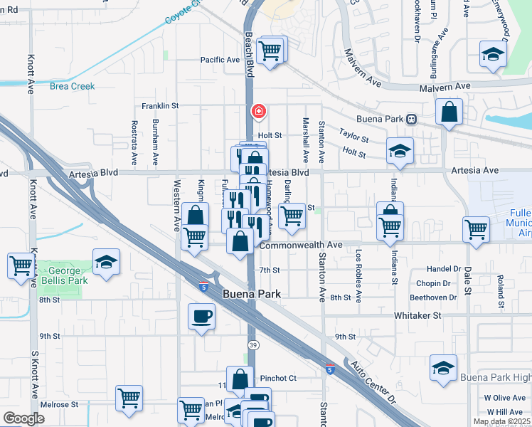 map of restaurants, bars, coffee shops, grocery stores, and more near 6131 Homewood Avenue in Buena Park
