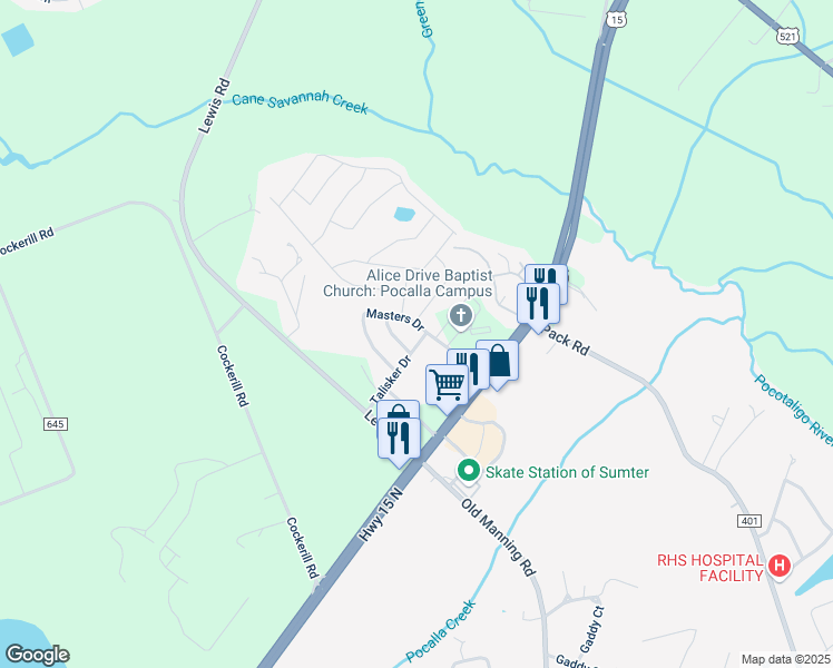 map of restaurants, bars, coffee shops, grocery stores, and more near 100 Masters Drive in Sumter