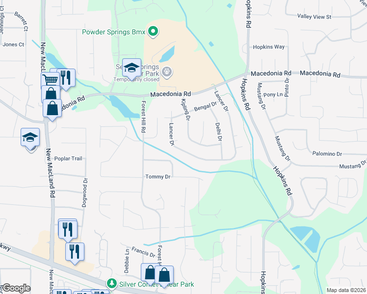 map of restaurants, bars, coffee shops, grocery stores, and more near 3276 Lancer Drive in Powder Springs