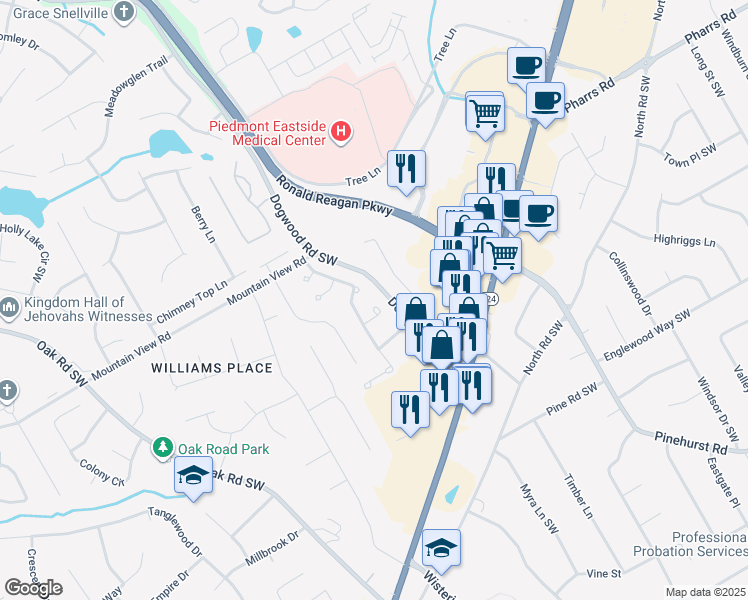 map of restaurants, bars, coffee shops, grocery stores, and more near 2313 Blackberry Court in Snellville