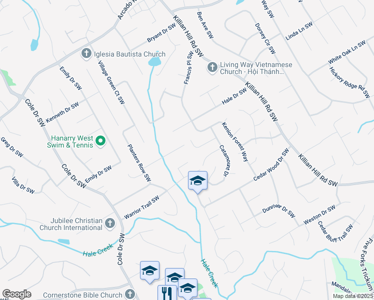 map of restaurants, bars, coffee shops, grocery stores, and more near 4506 Town Crier Road Southwest in Lilburn