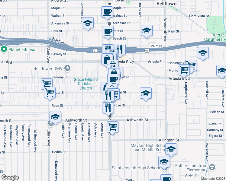 map of restaurants, bars, coffee shops, grocery stores, and more near 17620 Bellflower Boulevard in Bellflower