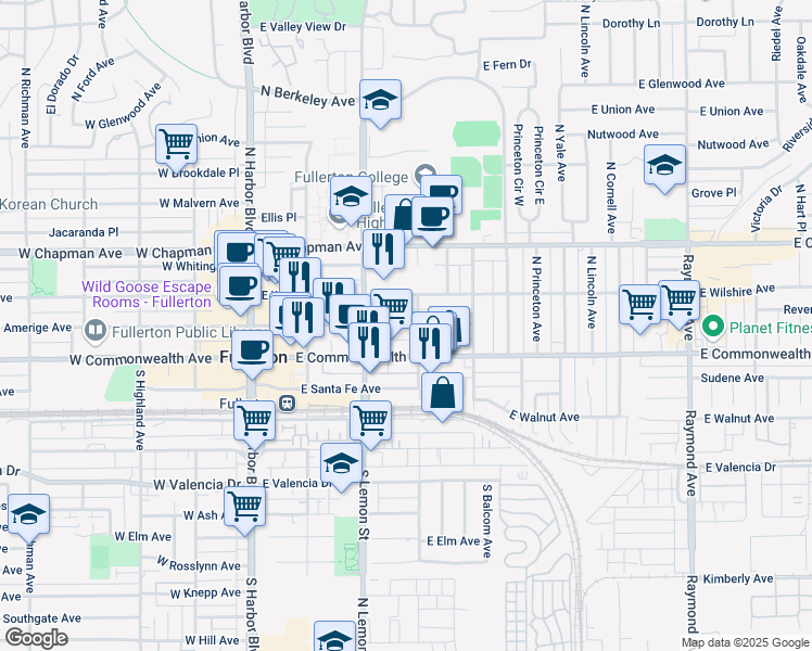 map of restaurants, bars, coffee shops, grocery stores, and more near 342 E Amerige Ave in Fullerton