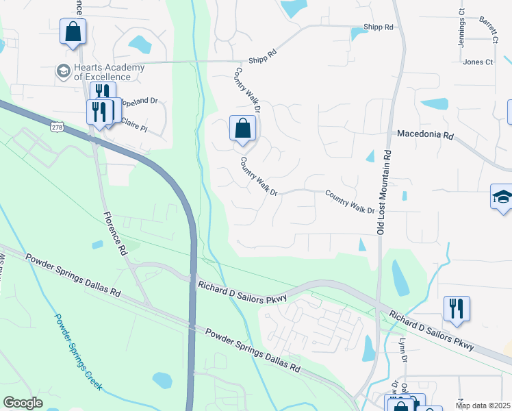 map of restaurants, bars, coffee shops, grocery stores, and more near 4800 Hillside Court in Powder Springs