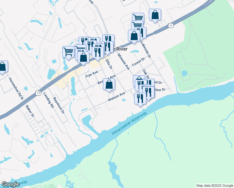 map of restaurants, bars, coffee shops, grocery stores, and more near 1555 Watson Avenue in Little River