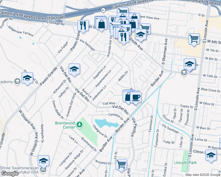 map of restaurants, bars, coffee shops, grocery stores, and more near 1194 Willits Drive in Corona