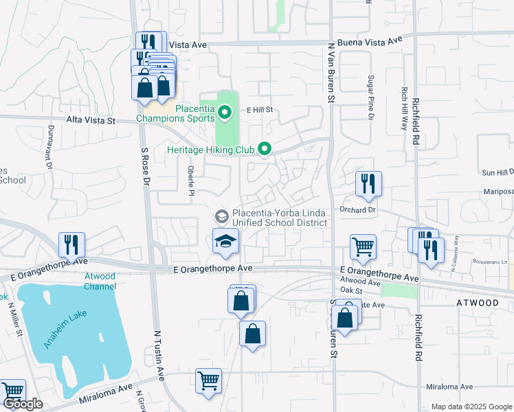 map of restaurants, bars, coffee shops, grocery stores, and more near 1444 East Boone Way in Placentia