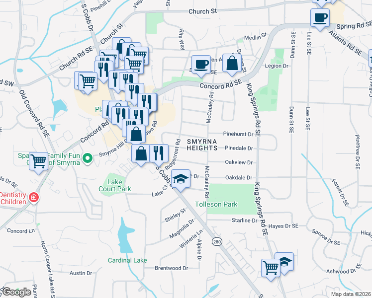 map of restaurants, bars, coffee shops, grocery stores, and more near 988 Pinedale Drive in Smyrna