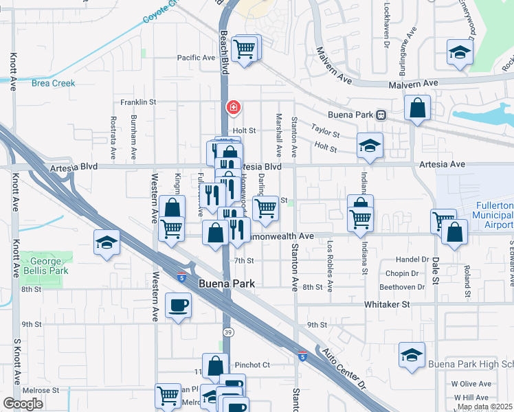 map of restaurants, bars, coffee shops, grocery stores, and more near 6131 Darlington Avenue in Buena Park