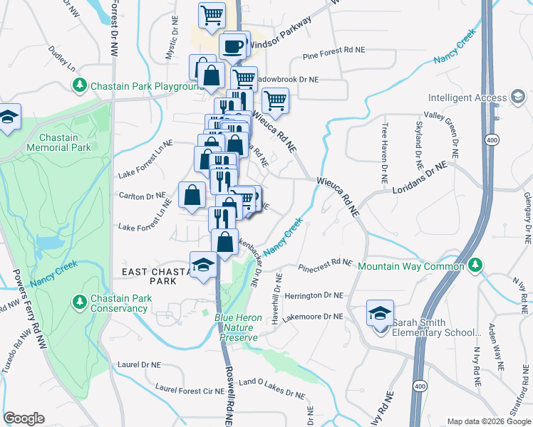 map of restaurants, bars, coffee shops, grocery stores, and more near 287 Midvale Dr NE in Atlanta